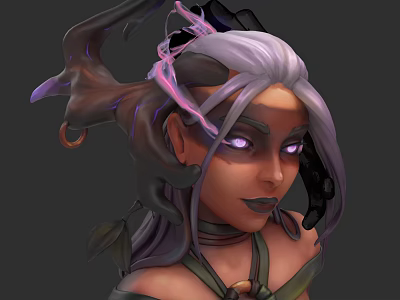 Fantasy Woman Character With White Hair Purple Eyes Dark Makeup Ornate Necklace And Decorative Horns 3d model
