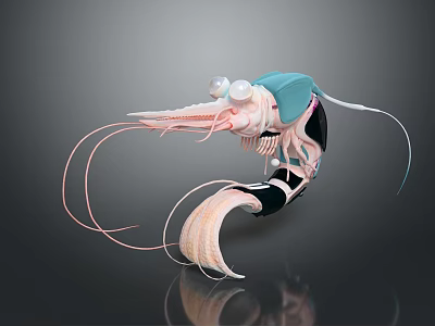 Colorful Shrimp Character With Blue Back White Eyes Long Antennae Pink Black Body And Reflection 3d model