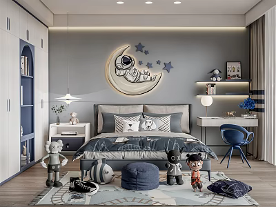 Kids Room Interior With Moon Astronaut Stars Wall Decor Bed Toys And Blue Chair 3d model