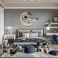 Kids Room Interior With Moon Astronaut Stars Wall Decor Bed Toys And Blue Chair