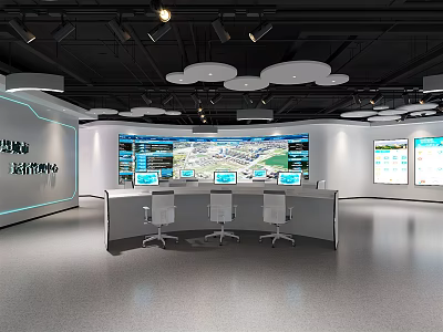 Modern Monitoring Operation Center With Control Desks Multiple Screens And Office Chairs 3d model