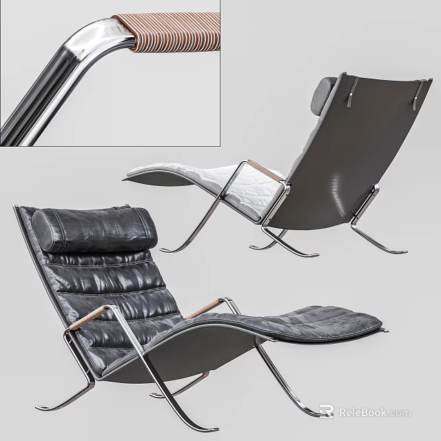 Modern Black Leather Lounge Chair With Metal Frame And Wooden Armrests 3d model 