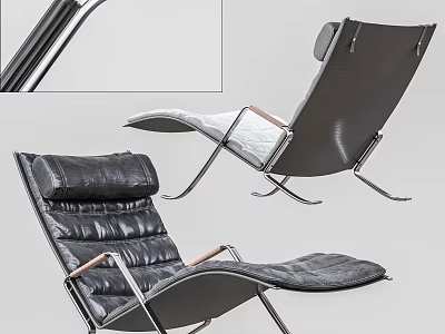Modern Black Leather Lounge Chair With Metal Frame And Wooden Armrests 3d model