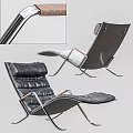 Modern Black Leather Lounge Chair With Metal Frame And Wooden Armrests