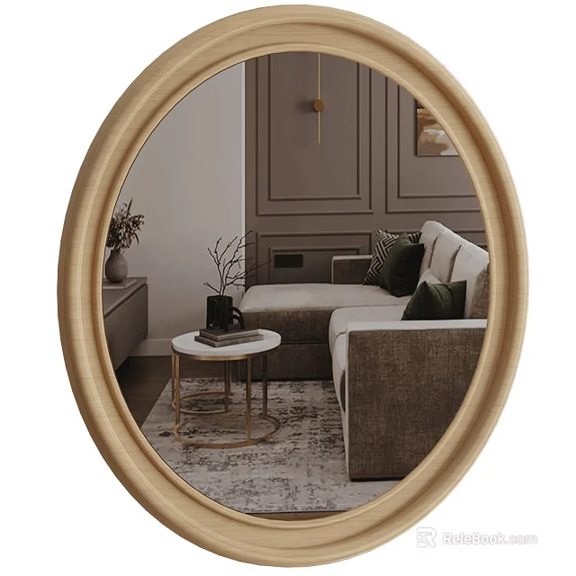 Gold Framed Oval Mirror Reflecting Living Room With Sofa Coffee Table And Wall Art 3d model 