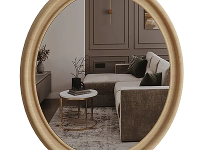 Gold Framed Oval Mirror Reflecting Living Room With Sofa Coffee Table And Wall Art 3d model