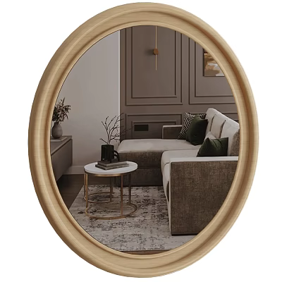 Gold Framed Oval Mirror Reflecting Living Room With Sofa Coffee Table And Wall Art 3d model
