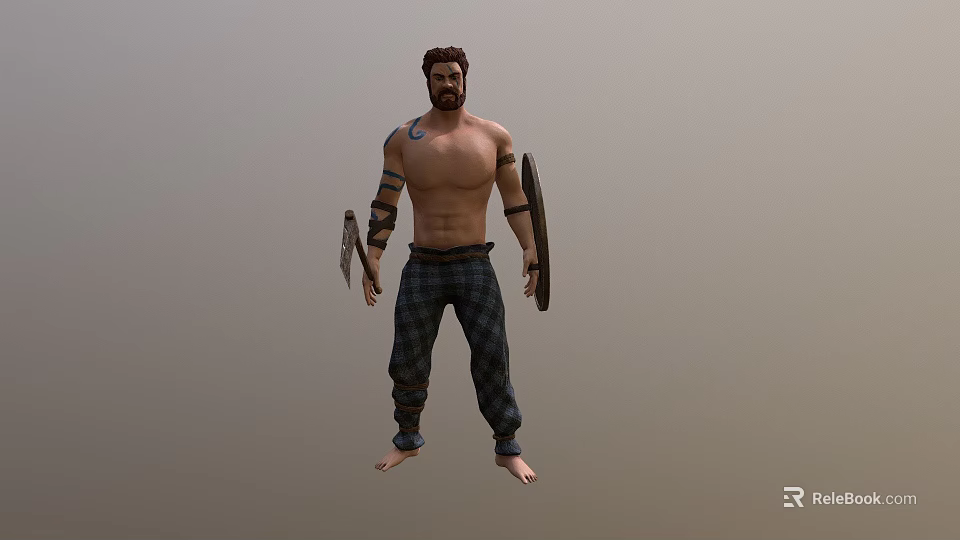 Muscular Shirtless Tattooed Man In Plaid Pants Holding Axes Standing In Neutral Background 3d model 