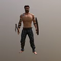 Muscular Shirtless Tattooed Man In Plaid Pants Holding Axes Standing In Neutral Background