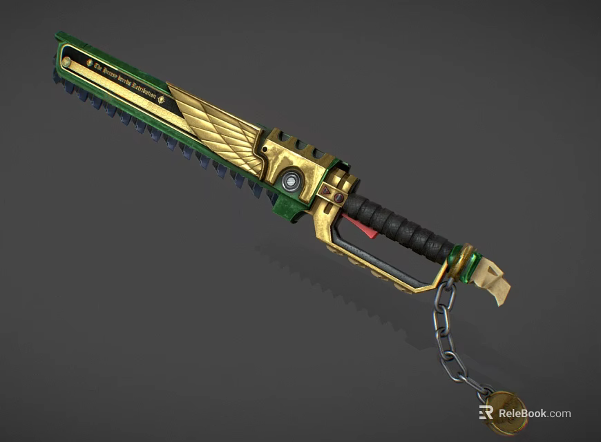 Green And Gold Decorative Chainsaw With Black Grip Chain And Metal Badge 3d model 