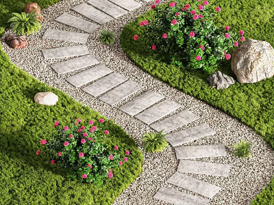 Charming Garden Design With Stone Pathway Green Lawn Pink Flowering Shrubs And Decorative Stones 3d model