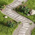 Charming Garden Design With Stone Pathway Green Lawn Pink Flowering Shrubs And Decorative Stones