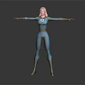 Blonde Female Superhero in Blue Bodysuit with Number 2 Logo Arms Outstretched Gray Background