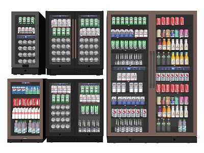 Multiple Commercial Beverage Display Refrigerators Filled With Various Bottled Drinks And Glass Doors 3d model