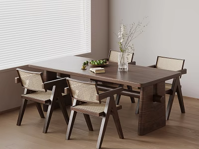 Wooden Table And Woven Seat Chairs Set With Vase Green Plants Near Blinds Light Walls 3d model