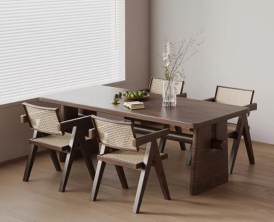 Wooden Table And Woven Seat Chairs Set With Vase Green Plants Near Blinds Light Walls 3d model