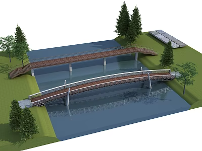 Two Scenic Bridges Spanning Calm Water Surrounded By Lush Trees And Grass 3d model