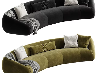 Modern Curved Two Seater Sofa In Black Green With Plush Cushions And Throw Blanket 3d model