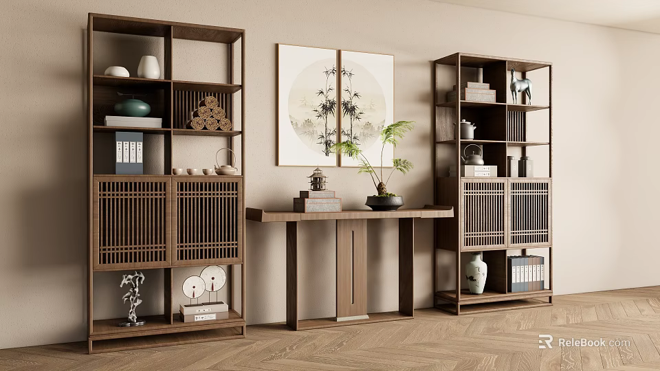Traditional Chinese Wooden Antique Display Shelves With Decorative Vases Artworks And Ink Painting 3d model 