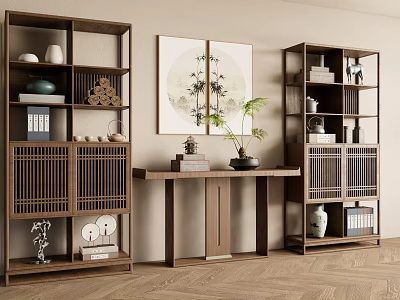 Traditional Chinese Wooden Antique Display Shelves With Decorative Vases Artworks And Ink Painting 3d model