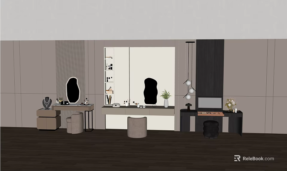 Modern Vanity Table Setup With Oval Mirror Stool And Hanging Lights 3d model 