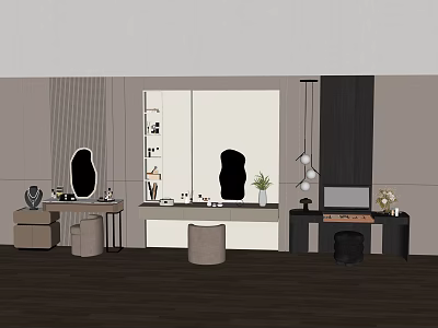 Modern Vanity Table Setup With Oval Mirror Stool And Hanging Lights 3d model