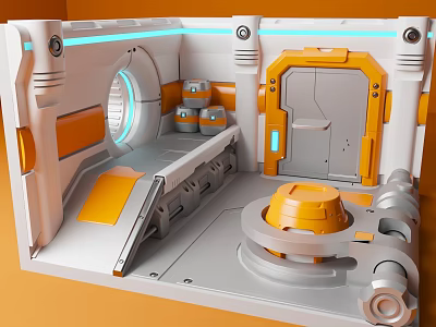 Cartoon Scene Of Sci Fi Interior With Round Window Orange Console And Mechanical Parts 3d model