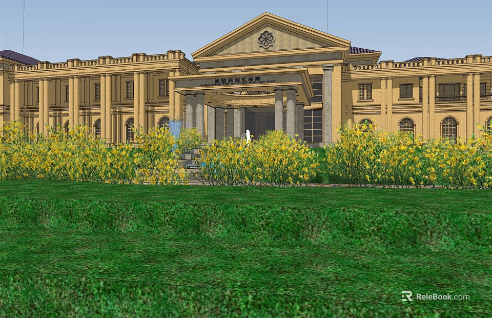 European Architecture Featuring Yellow Facade Symmetrical Design Ornate Columns And Green Lawn With Yellow Flowers 3d model 
