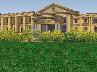European Architecture Featuring Yellow Facade Symmetrical Design Ornate Columns And Green Lawn With Yellow Flowers 3d model