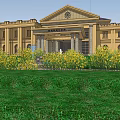 European Architecture Featuring Yellow Facade Symmetrical Design Ornate Columns And Green Lawn With Yellow Flowers