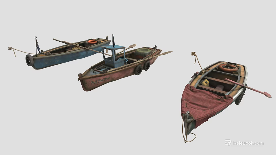 Vintage Wooden Boats With Blue Brown Red Hulls Canvas Covers Oars And Life Rings 3d model 