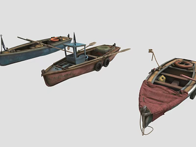 Vintage Wooden Boats With Blue Brown Red Hulls Canvas Covers Oars And Life Rings 3d model