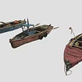 Vintage Wooden Boats With Blue Brown Red Hulls Canvas Covers Oars And Life Rings