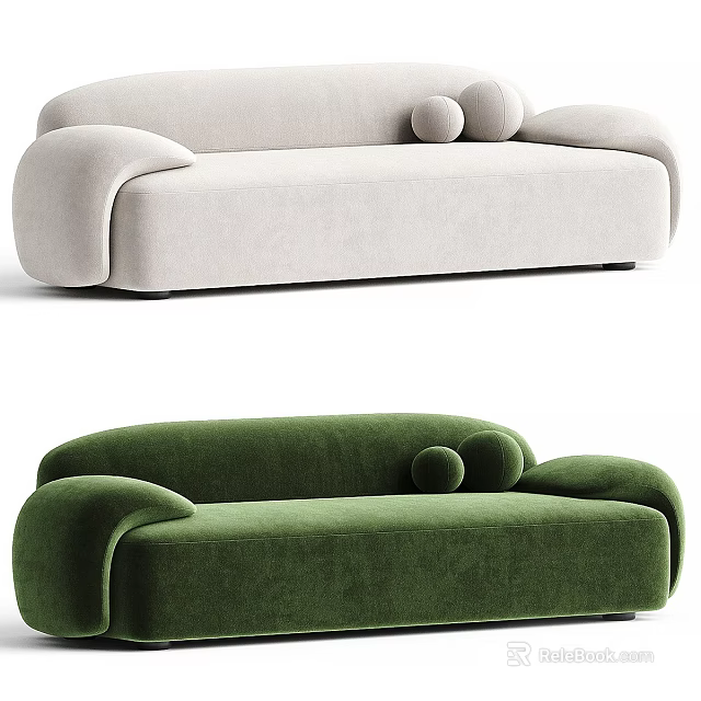 Modern Beige And Green Sectional Sofa With Rounded Arms And Soft Velvet 3d model 
