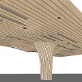 Modern Wooden Slatted Ceiling Design With Integrated Lighting And Curved Support Structure 3d model