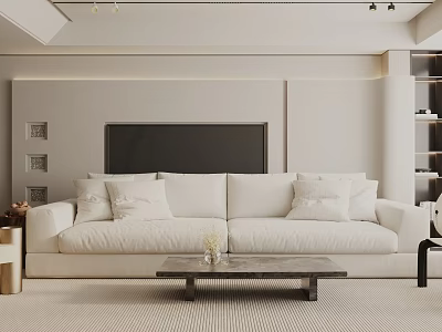Modern Living Room Interior With Beige Sofa Pillows Wooden Coffee Table And Large TV 3d model