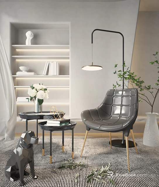 Modern Leisure Chair with Gray Leather Quilted Design Gold Legs and Black Side Tables 3d model 