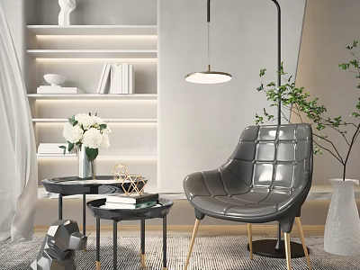 Modern Leisure Chair with Gray Leather Quilted Design Gold Legs and Black Side Tables 3d model