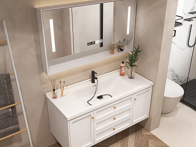 Modern Bathroom Vanity With LED Lit Mirror White Cabinet Faucet Potted Plant And Soap Dispenser 3d model