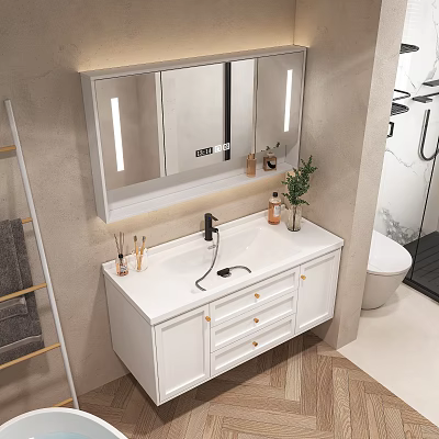 Modern Bathroom Vanity With LED Lit Mirror White Cabinet Faucet Potted Plant And Soap Dispenser 3d model