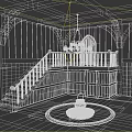 Medieval Wooden Building Interior With Arched Doors Staircase Chandelier And Cauldron Stand