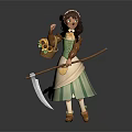 Floral Haired Female Character With Sunflowers Holding Scythe And Flower Basket Wearing Green White Dress