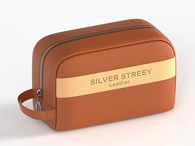 Brown Leather Toiletry Bag With Golden Strap Silver Street Brand And Zipper Closure 3d model