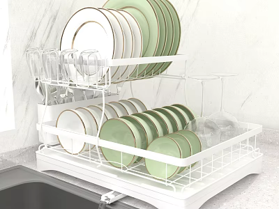 White Bathroom Cabinet Rack With Double Layer Design For Dish And Cup Storage 3d model