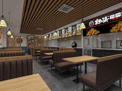 Modern Restaurant Interior With Wooden Ceiling Pendant Lights Booth Seating And Menu Display Wall 3d model