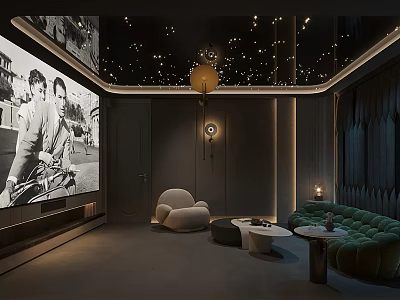 Modern Home Theater Interior With Large Screen Cozy Sofa And Starry Ceiling Lighting 3d model