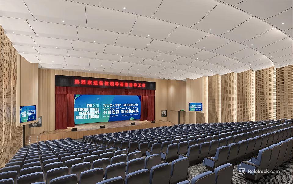 Modern Conference Room With Spacious Seating Stage Large Screen And Ceiling Lights 3d model