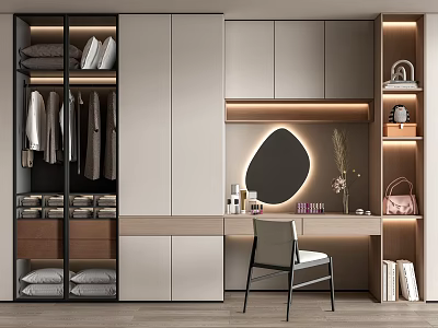Modern Dressing Table with Backlit Round Mirror Skincare Products Chair and Wooden Cabinets 3d model