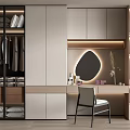 Modern Dressing Table with Backlit Round Mirror Skincare Products Chair and Wooden Cabinets