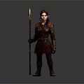 Female Warrior in Medieval Armor Holding Long Spear Standing Pose